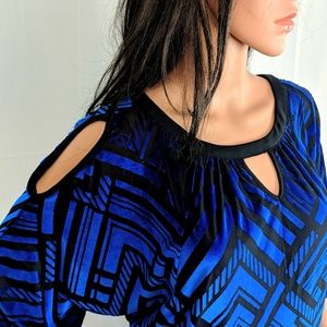 Cobalt Blue & Black Flocked Velvet Cold Shoulder